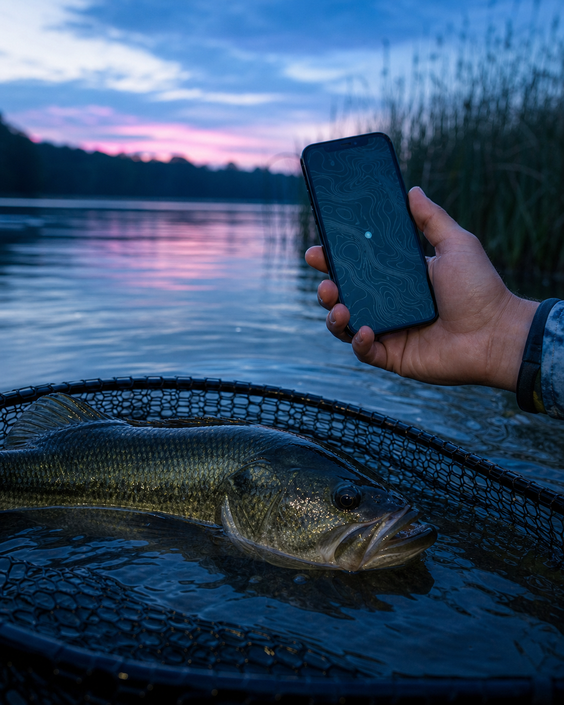 Largemouth bass supported in a submerged rubberized net while an angler holds a phone with a simple lake-contour map